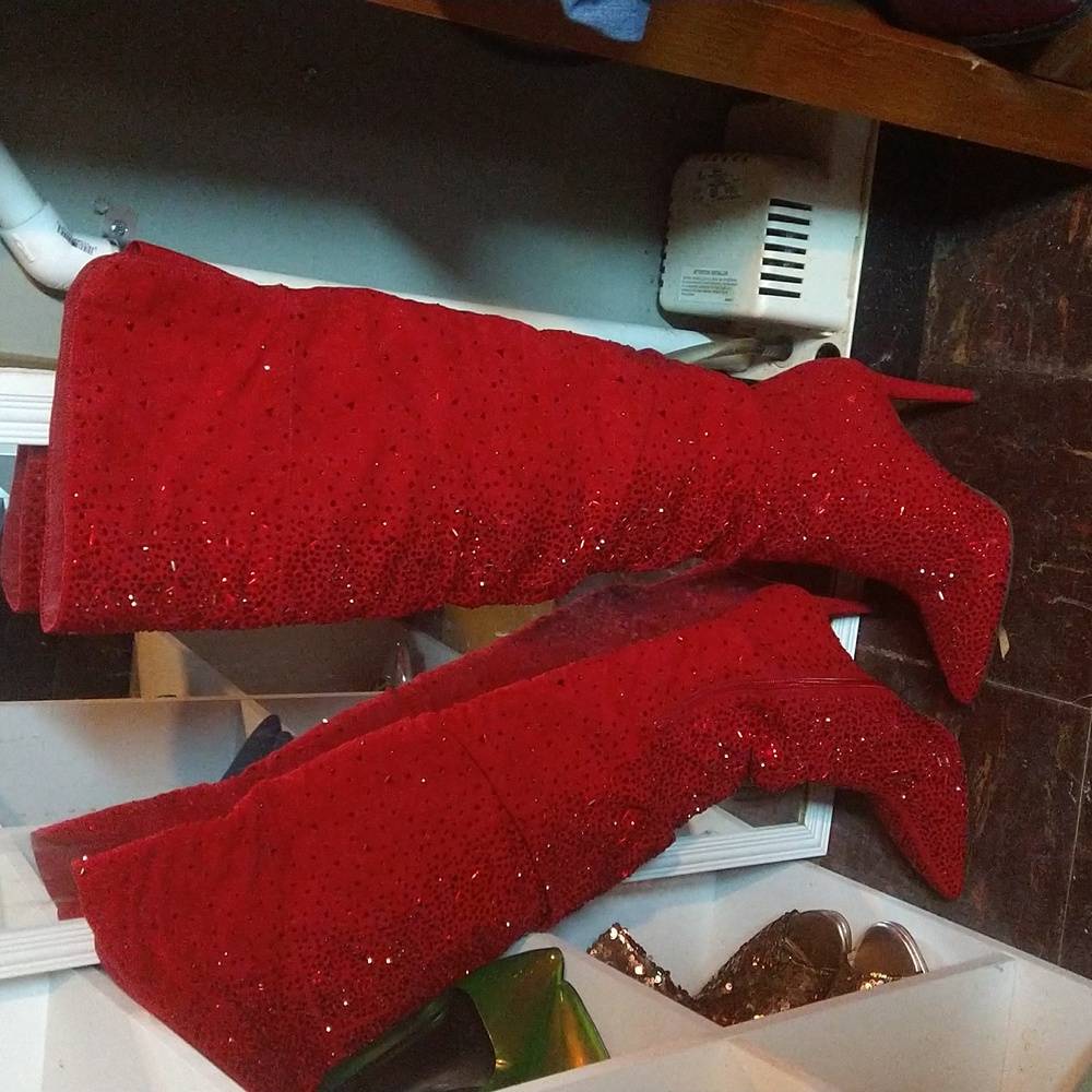 Red rhinestone thigh high boots